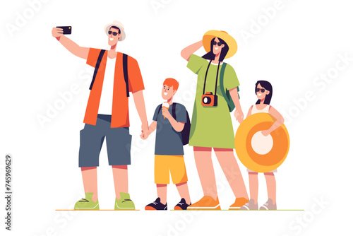 Happy traveling tourist family. Vector illustration