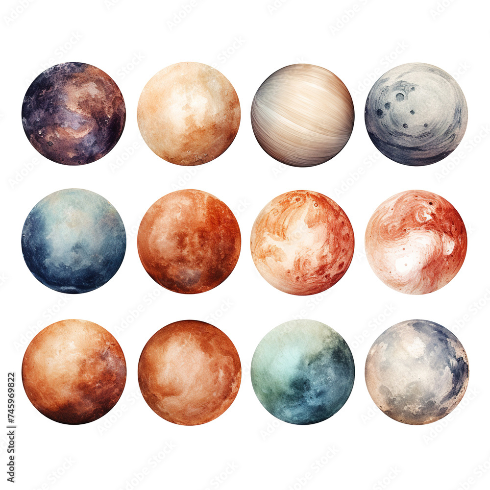 set of watercolor illustrations of colorful planets