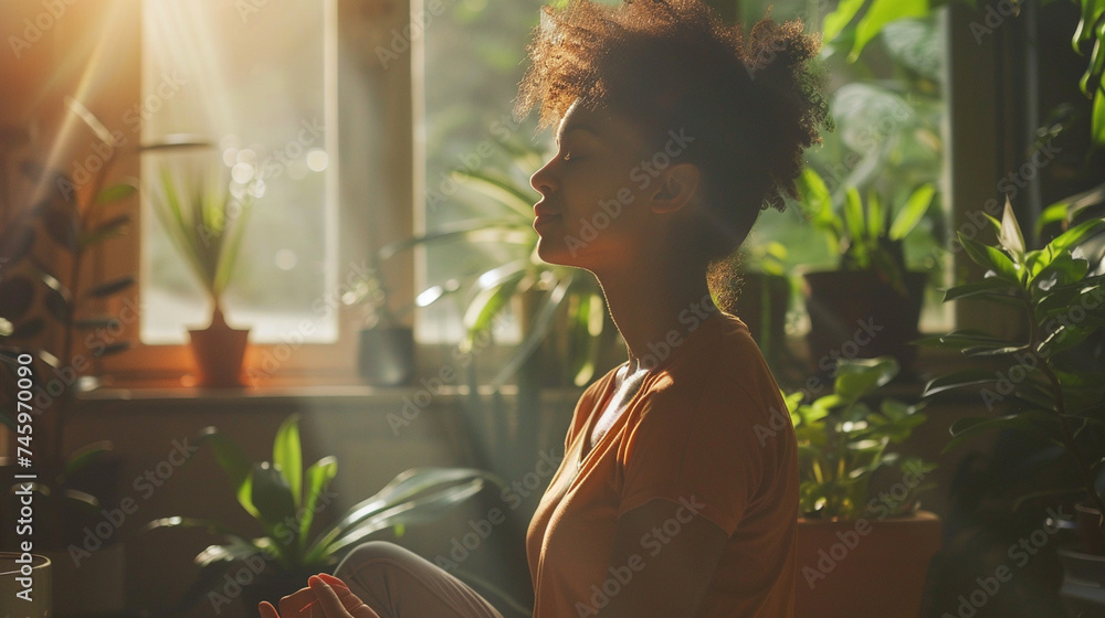 A joyful individual practicing mindfulness meditation in a sunlit, airy room, surrounded by plants, symbolizing growth and peace, mental health in a positive light, blurred background, with copy space A joyful individual practicing mindfulness meditation in a sunlit, airy room, surrounded by plants, symbolizing growth and peace, mental health in a positive light, blurred background, with copy space