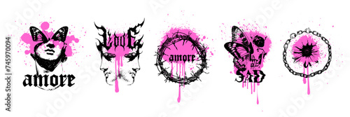 Y2k gothic sticker vector set, dark love tattoo print, emo vintage texture grunge design element. Love fashion composition butterfly silhouette, noise texture metal music cover poster. Gothic sticker