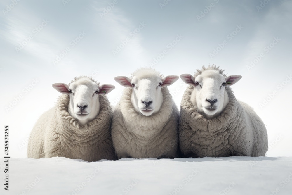 Obraz premium Cute Sheep and lambs graze peacefully in a green meadow on a farm during spring