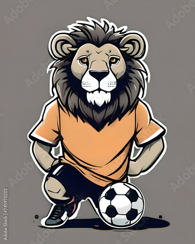 lion in sports uniform with a soccer ball