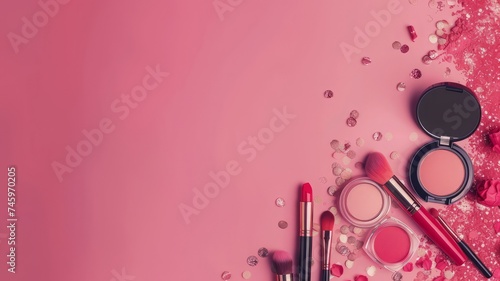 Makeup products and decorative cosmetics on color background flat lay. Fashion and beauty blogging concept. Long web format for banner