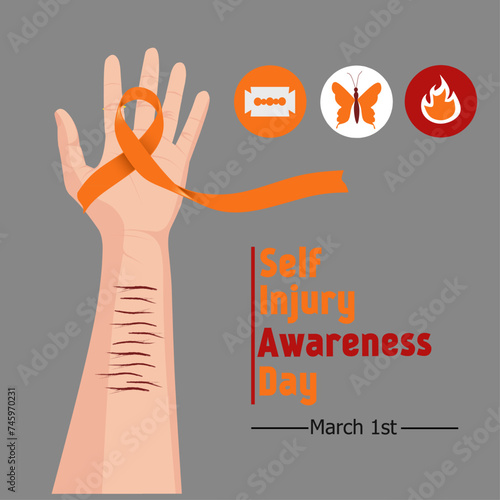 Vector illustration themed self injury awareness day for social problems campaign in the community and mental health of adolescents and children. 