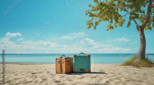 Bagages traveling ads, luggage in nature, flight booking promotion, last minute adventure - plane travel guide advertising asset illustration
