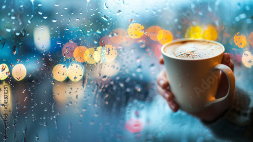 A person sipping coffee and looking out a rain-splattered window, a moment of calm and introspection, mental health in a positive light, blurred background, with copy space