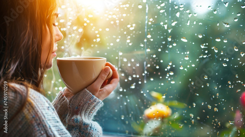 A person sipping coffee and looking out a rain-splattered window, a moment of calm and introspection, mental health in a positive light, blurred background, with copy space