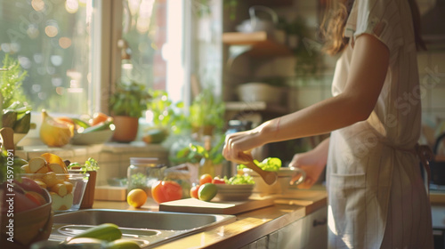 A bright, airy kitchen where someone is cooking a healthy meal, highlighting the importance of nutrition for mental health, mental health in a positive light, blurred background, with copy space