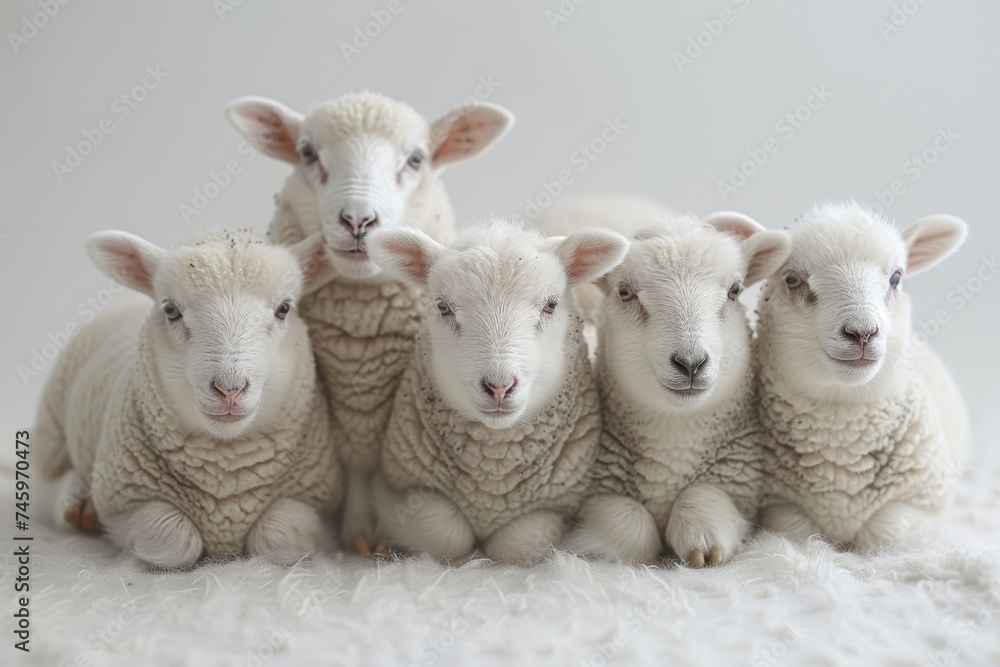 Cute Sheep and lambs graze peacefully in a green meadow on a farm during spring Cute Sheep and lambs graze peacefully in a green meadow on a farm during spring