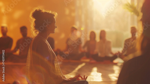 A group sitting in a semi-circle  engaged in a guided meditation led by a therapist  illustrating mindfulness practice  mental health support group  blurred background  with copy space