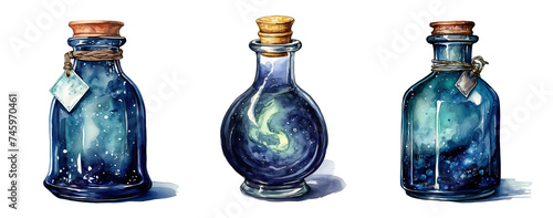 set of watercolor illustrations with magic glass vessels, potion bottles