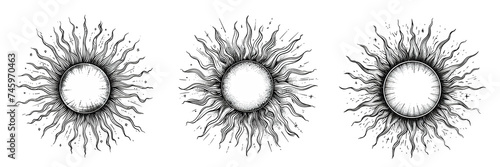 set of graphic illustrations of the sun, in hand drawn style, sketch photo