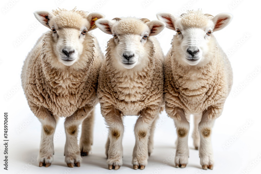 Cute Sheep and lambs graze peacefully in a green meadow on a farm during spring Cute Sheep and lambs graze peacefully in a green meadow on a farm during spring