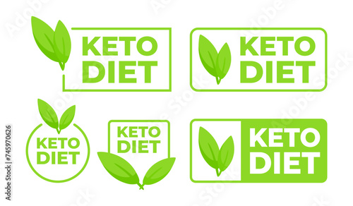 Set of product labels with a green leaf design indicating suitability for a ketogenic, keto diet.