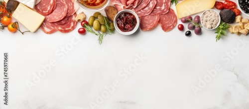 A diverse assortment of cheese and meat appetizers lay spread out on a white marble table, creating an enticing display. The overhead view captures the double border design of the table,