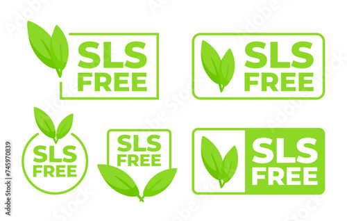Set of SLS Free labels with a green leaf, indicating products without sodium lauryl sulfate for health conscious consumers. photo