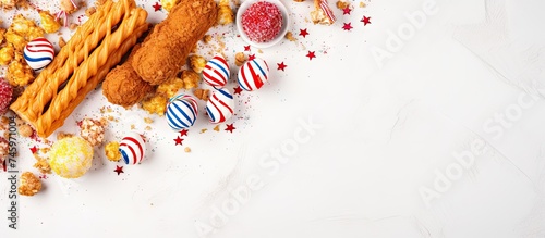 A white table is filled with a variety of carnival theme food such as corn dogs, funnel cake, and snacks. photo