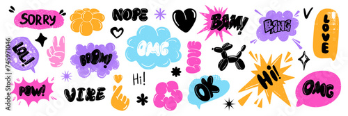Groovy speech bubble sticker set, comic balloon chat message vector icon, dialogue cloud print. Cartoon conversation emotional sound, y2k word design element, retro fun shape. Texture speech bubble