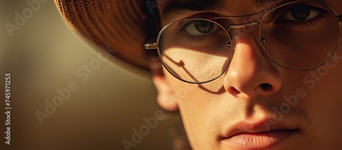 A close-up view of a young man wearing glasses and a hat, looking towards the top left. The image conveys the concept of choice, vision, and searching.