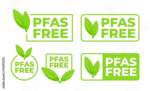 A set of PFAS Free badges in various designs with leaf motifs, indicating chemical free and environmentally safe products.