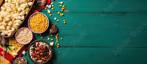 A top-down view of a table at a Brazilian Festa Junina party  adorned with bowls filled with a variety of food items such as popcorn  peanuts  and colorful banners in the background.