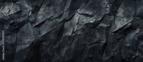 A close-up black and white photograph showcasing the intricate details of a dark rock surface texture, providing a rugged and rough background with ample space for design.