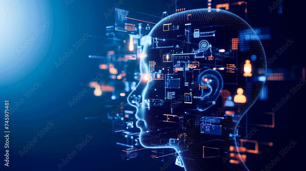  Digital Mind Blueprint. Futuristic depiction of a digital human mind with circuitry and data points.suitable for illustrations of artificial intelligence, machine learning and cognitive computing
