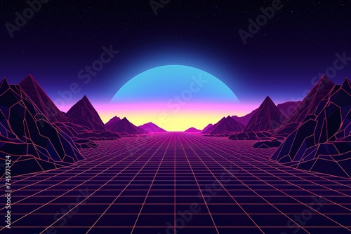 Neon grid and wireframe mountain silhouette