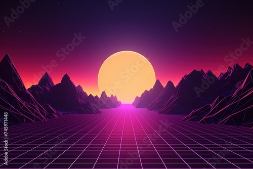 Neon-infused mountainscape with bright digital sunrise photo