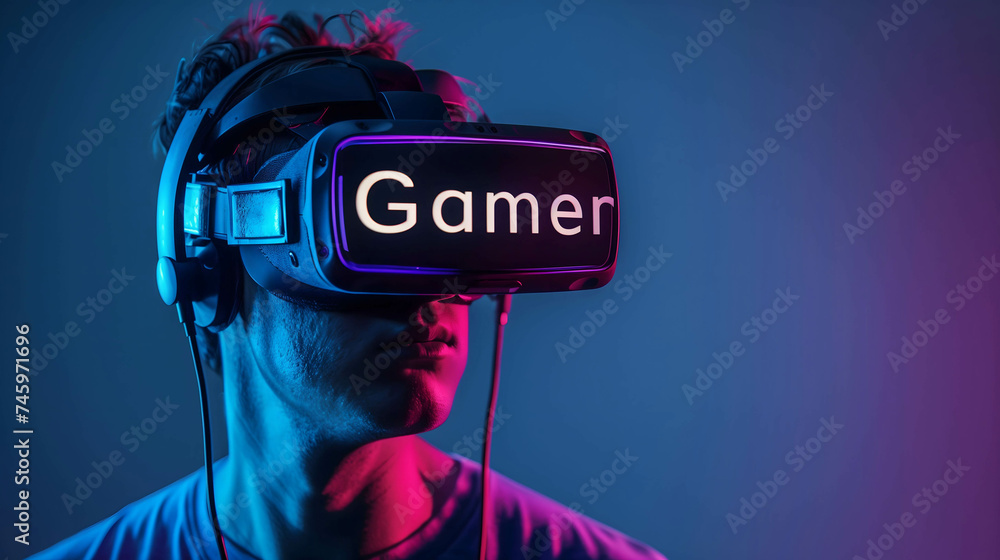 man wearing virtual reality glasses to play game, new gaming technology, career gamer and streamer a new career that is becoming popular and can generate income - obrazy, fototapety, plakaty 