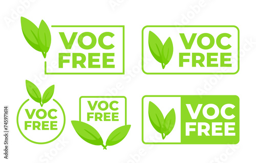 Set of green badges with the text VOC Free and a leaf icon, representing products that do not contain volatile organic compounds.
