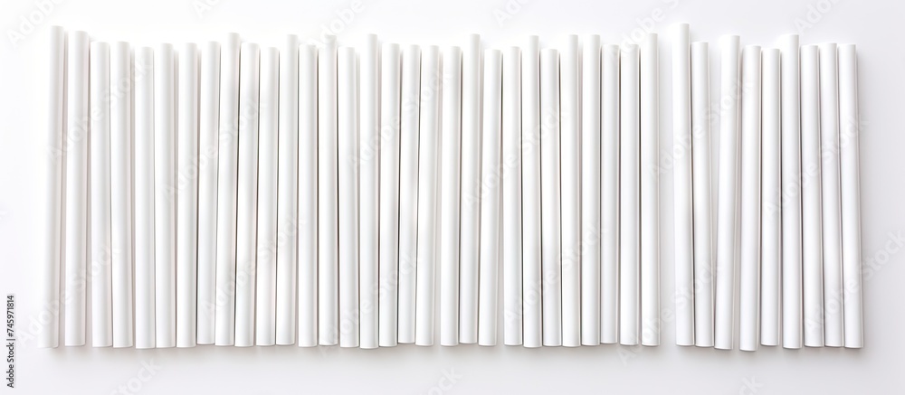A cluster of white biodegradable eco-friendly paper drinking straws arranged neatly on a tabletop surface. The straws are resting still and untouched. - obrazy, fototapety, plakaty 