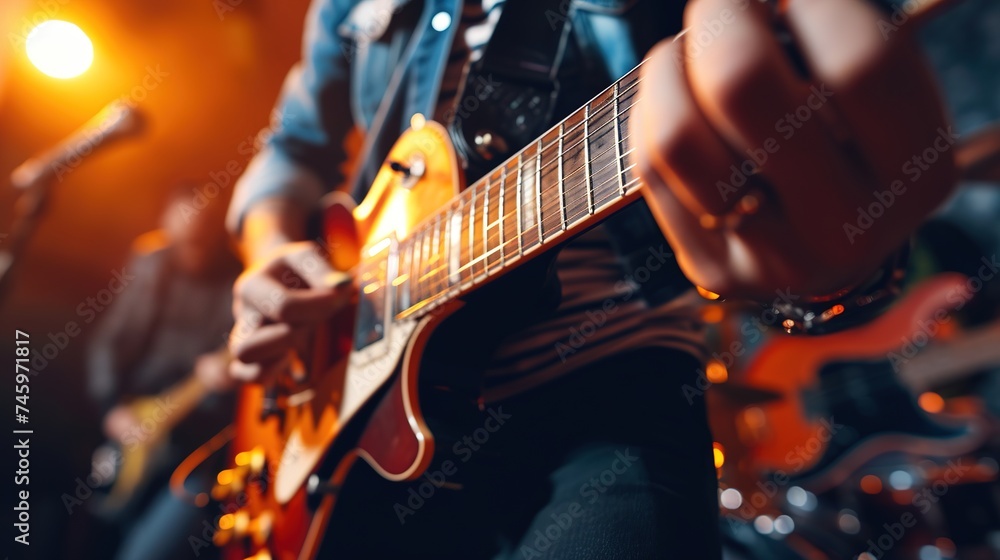 Close-up of guitarist strumming chords on stage - obrazy, fototapety, plakaty 
