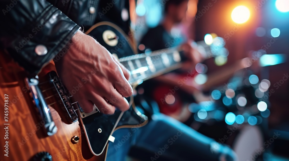 Naklejka premium Musicians hands playing brown electric guitar