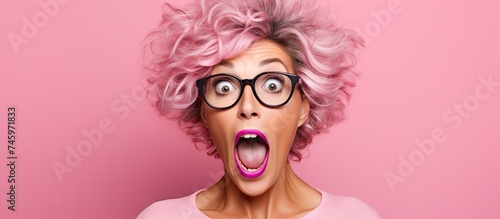 A mature woman with pink hair and glasses is making a surprised facial expression. The background is pink, providing space for text or other design elements.