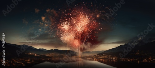 A firework display illuminating the night sky above a tranquil lake, creating a stunning spectacle of colorful bursts and reflections on the waters surface.