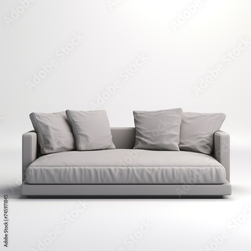 Minimalist grey sofa with pillows on a white background