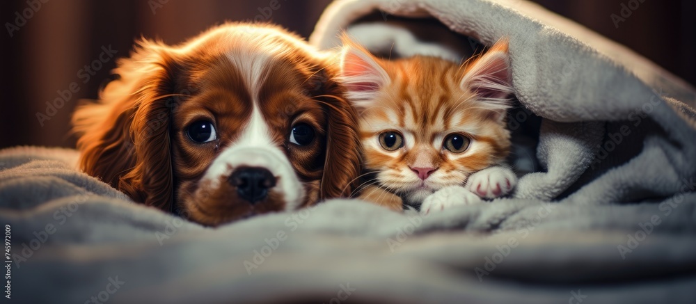 A King Charles Spaniel puppy is cuddled up with a kitten under a cozy blanket. The puppy is smiling while the kitten yawns, creating an adorable scene of companionship and warmth.