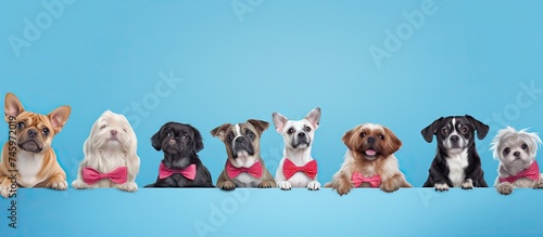 Five dogs are wearing pink bow ties, heart-shaped stickers, glasses, and a diadem, celebrating Valentines Day. They are standing in a row against a blue pastel background.