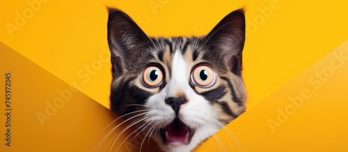 A crazy surprised cat with a wide-eyed expression is captured up close on a colored background. The felines shocked look is evident in the raised eyebrows and dilated pupils.