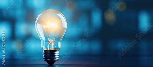 A glowing light bulb is placed on top of a table against a blurry wide blue wall background. This image represents ideas, innovation, solutions, and inventions.