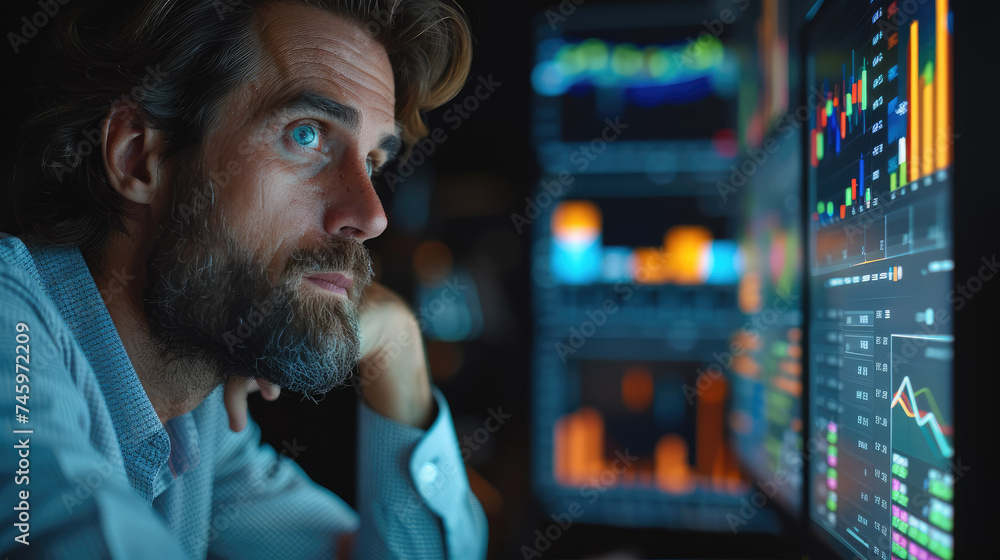 Stressed business man working on computer screen with a detailed view of a financial dashboard, displaying real-time global economic data. Generative AI. Stressed business man working on computer screen with a detailed view of a financial dashboard, displaying real-time global economic data. Generative AI.