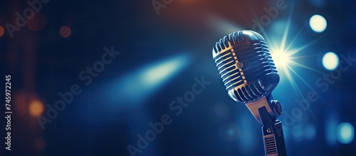 A retro microphone stands on a stage, illuminated by blue lights in the background. This setup is perfect for live music performances, karaoke nights, or podcast recordings.