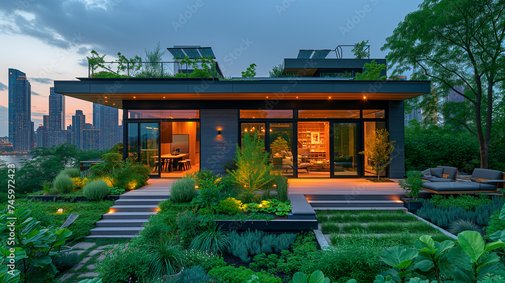 Modern Urban Rooftop Garden with Seating Area at Dusk