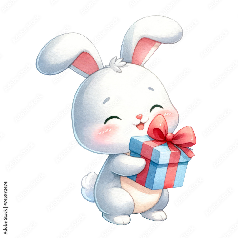 Obraz premium Watercolor cute bunny holding a gift box. Romantic animal. Valentine's element clipart. 