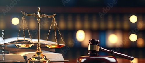 A close-up view of a judges gavel, a book, and scales of justice resting on a table. The background is blurry with a light hue. This image represents concepts of law and jurisdiction. photo