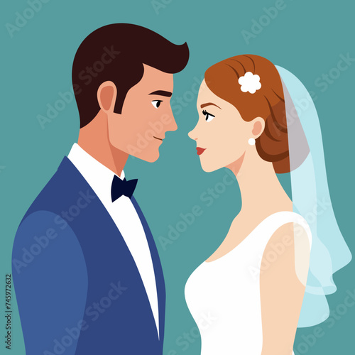 A bride and groom gazing into each other's eyes. vektor illustation