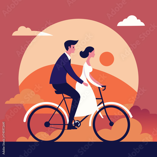 A bride and groom riding off into the sunset on a bicycle. vektor illustation