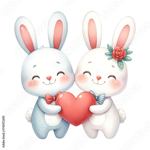 Watercolor cute bunny couple holding a heart. Romantic animal. Valentine's element clipart. 