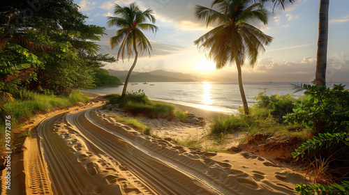 Sunset Glow on a Secluded Tropical Beach. Golden sunset over a secluded beach with palm trees and a winding road.